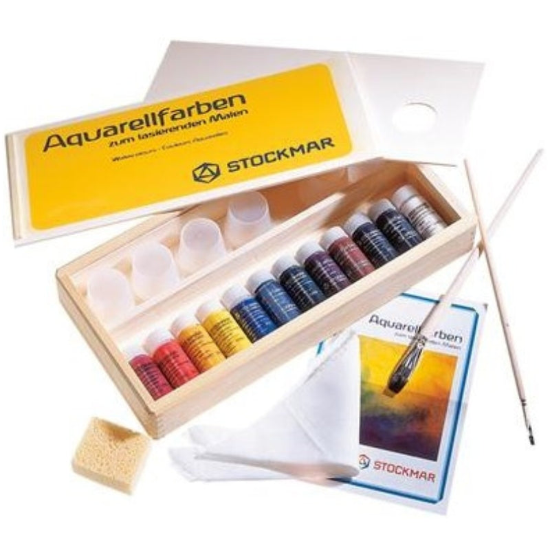 Aquarelverf luxe kist (12x20ml, 2 penselen, spons, katoenen lap, houten palet en 6 potjes) Stockmar