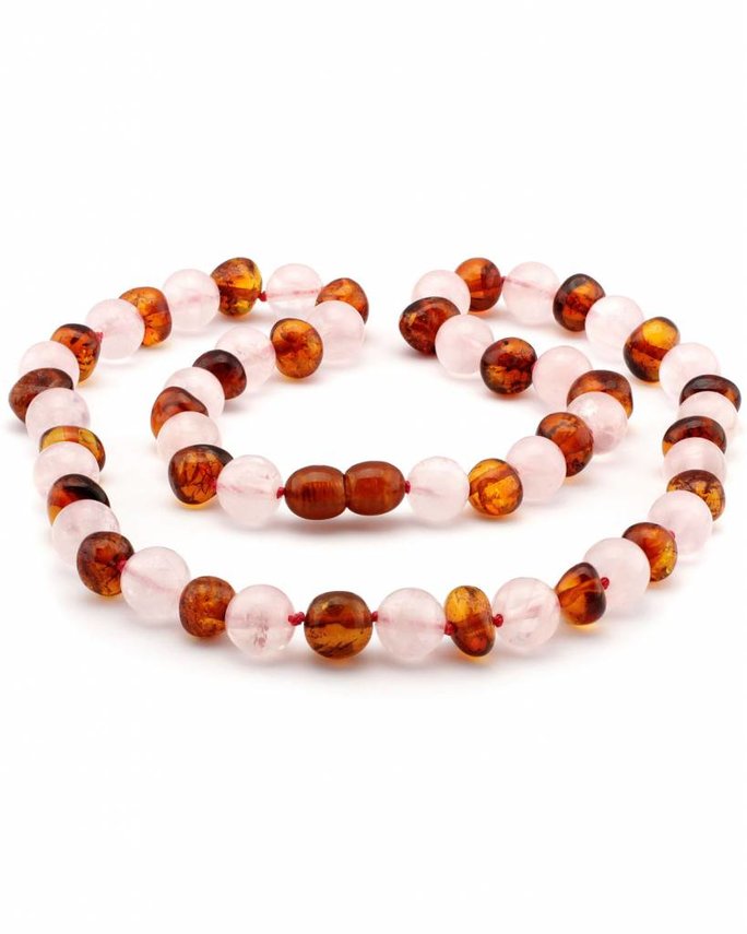 Barnsteen kinder kettinkje - cognac - rozenkwarts (38 cm)