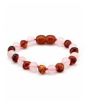 Barnsteen newborn armbandje - cognac - rozenkwarts (12 cm)