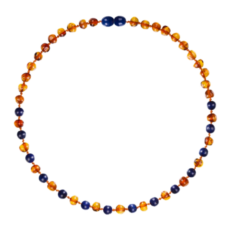 Barnsteen baby-peuter kettinkje - cognac - lapis lazuli (32 cm)