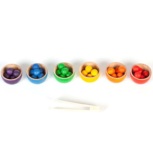 Grapat - 6 houten bakjes, 36 knikkers en pincet