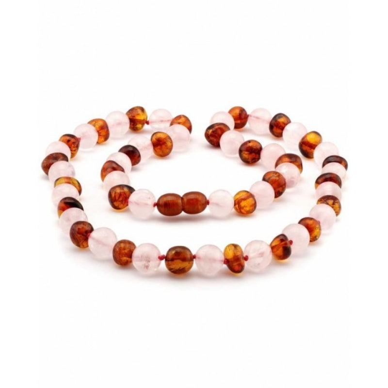 Barnsteen ketting volwassenen - cognac - rozenkwarts (45 cm)