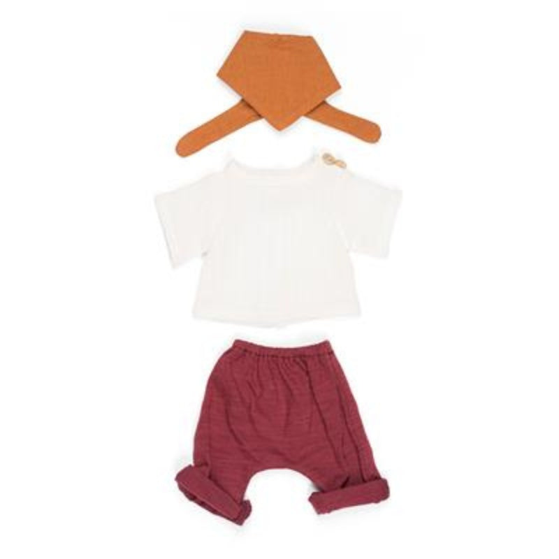 Kledingsetje bruin-wit-bordeaux rood (3-delig) voor Miniland jongenspoppen van 32 cm - Miniland
