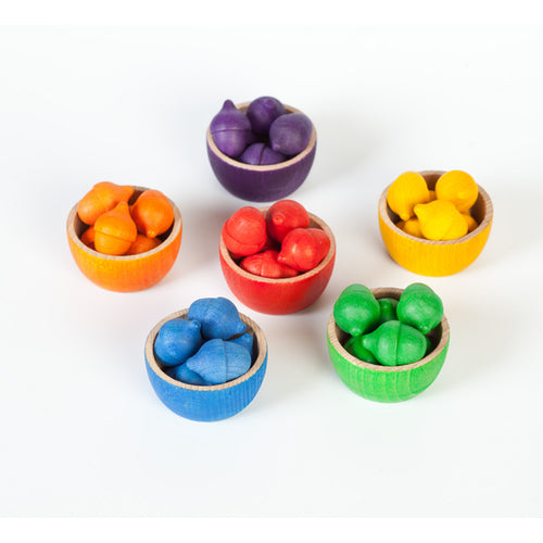 Grapat - 6 houten bakjes, 36 eikeltjes en pincet